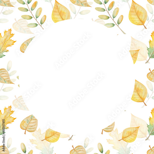 Frame from watercolor illustration hand painted tree leaves in autumn yellow  green colors isolated on white. Forest nature blank card template for party  wedding invitations  greeting postcards
