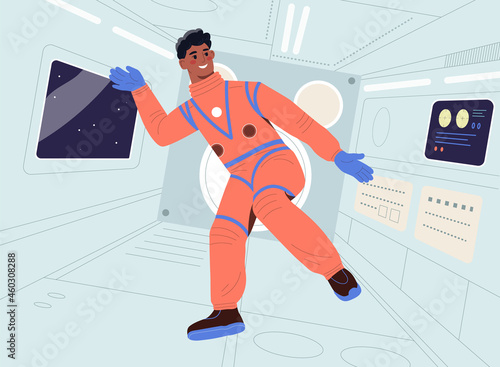 Happy weightless male astronaut is floating inside spaceship cabin. Concept of zero gravity and weightlessness in cosmos. Cosmonaut flying in space ship. Flat cartoon vector illustration