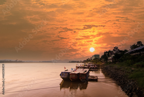 Beautiful morning view of some boats in the port at golden triangle Laos
