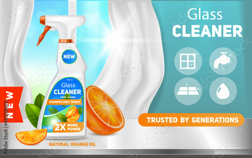 Glass cleaner ad on table and clean transparent window on the background. Concept of product package design template with bright fresh orange and bubble icons. Realistic vector illustration
