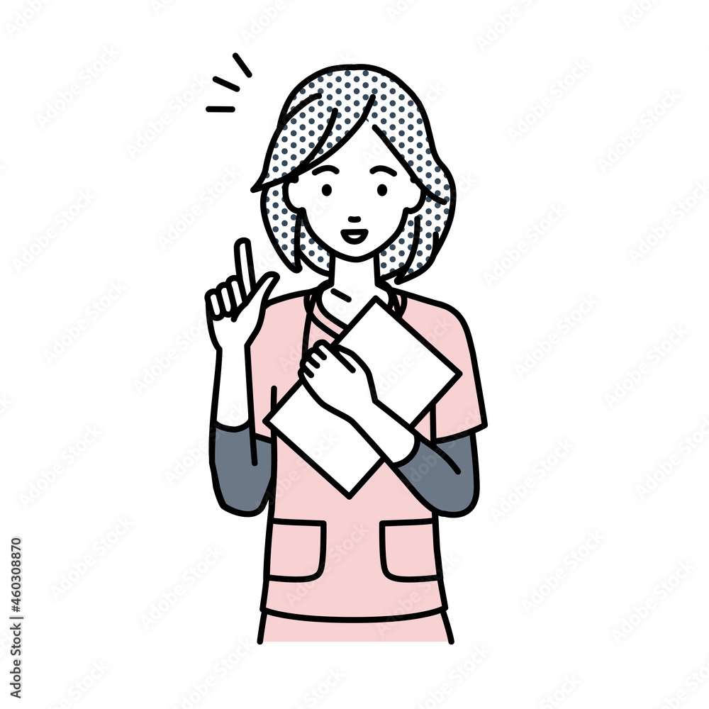 立って書類を手に持って何かひらめいた看護師の女性