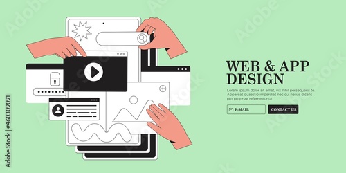 Hands are working on website or web page, ui ux design or mobile application redesign. Studio or agency prototyping or coding web page. Mobile app development vector illustration in outline style.