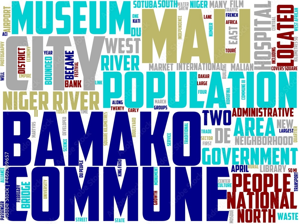 Obraz premium bamako typography, wordcloud, wordart, mali,bamako,travel,map,africa