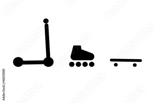 skateboard, roller skate and scooter, icons of devices for sport and recreation.