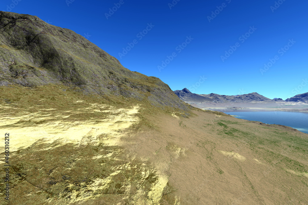 Alien Planet. Mountain and lake. 3D rendering