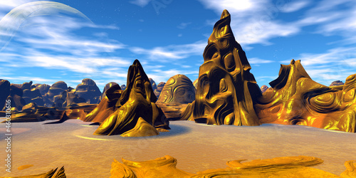 Alien planet. Stone pillars. Butte. 3D rendering