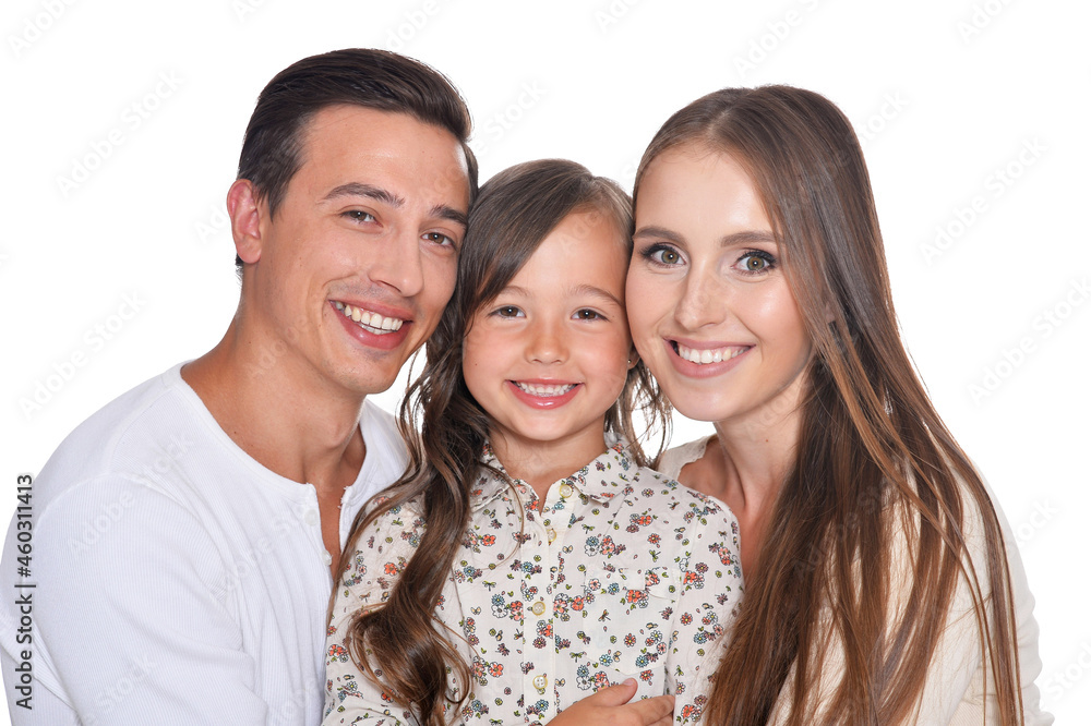 Happy family of three on white background Happy family of three on white background
