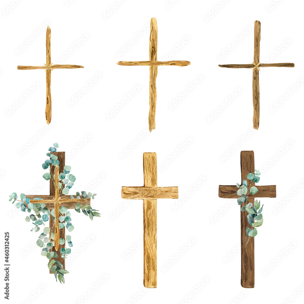 Wooden watercolor crosses on a white background. Set of images for first communion, baptism, easter