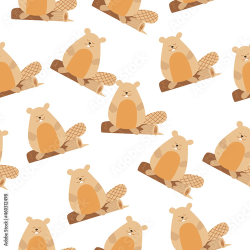 Vector seamless pattern with beavers. Children's pattern for clothing, print, packaging. Cute beaver is sitting on a tree. Vector illustration