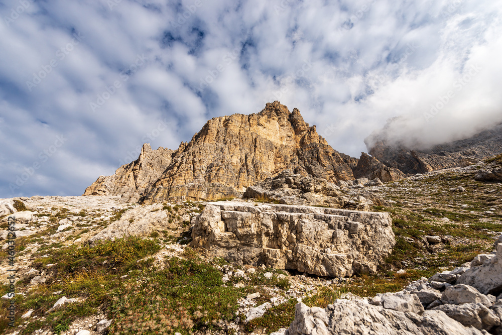 South rock face of Three Peaks of Lavaredo (Drei Zinnen or Tre Cime di Lavaredo), mountain peaks of Sesto Dolomites, UNESCO world heritage site, Trentino-Alto Adige and Veneto, Italy, Europe.