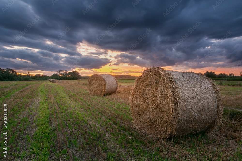 Straw bales in the field and clouds after sunset