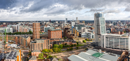 Aerial cityscape panorama of Leeds city skyline in Yorkshire, UK