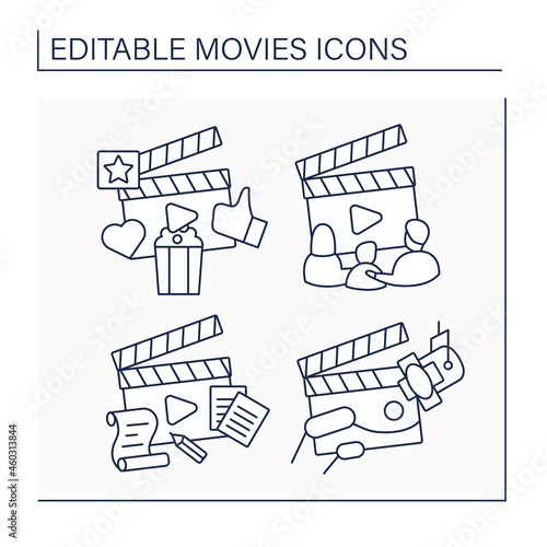 Movies line icons set. Family film, plot and scene. Entertainment concept. Isolated vector illustrations. Editable stroke