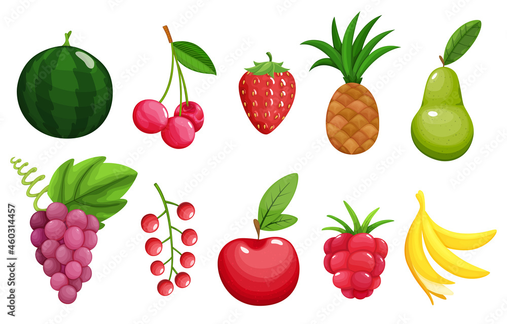 Set of colorful fruit icons apple, pear, strawberry, raspberry, banana, watermelon, pineapple, grapes, cherry, red currants. Berries and fruits. Healthy lifestyle or vegetarian food concept Set of colorful fruit icons apple, pear, strawberry, raspberry, banana, watermelon, pineapple, grapes, cherry, red currants. Berries and fruits. Healthy lifestyle or vegetarian food concept
