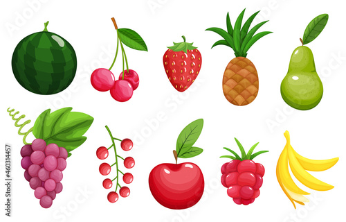Fototapeta Naklejka Na Ścianę i Meble -  Set of colorful fruit icons apple, pear, strawberry, raspberry, banana, watermelon, pineapple, grapes, cherry, red currants. Berries and fruits. Healthy lifestyle or vegetarian food concept