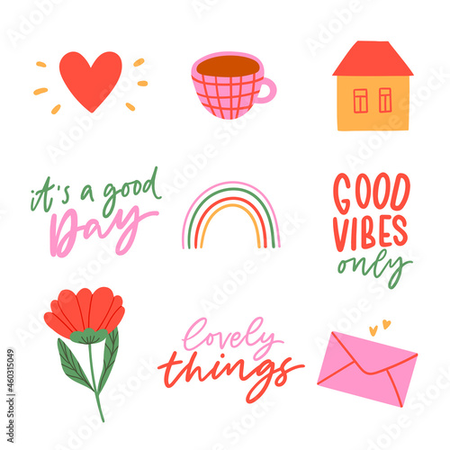 Set of cute girly stickers. Collection of trendy modern illustrations.