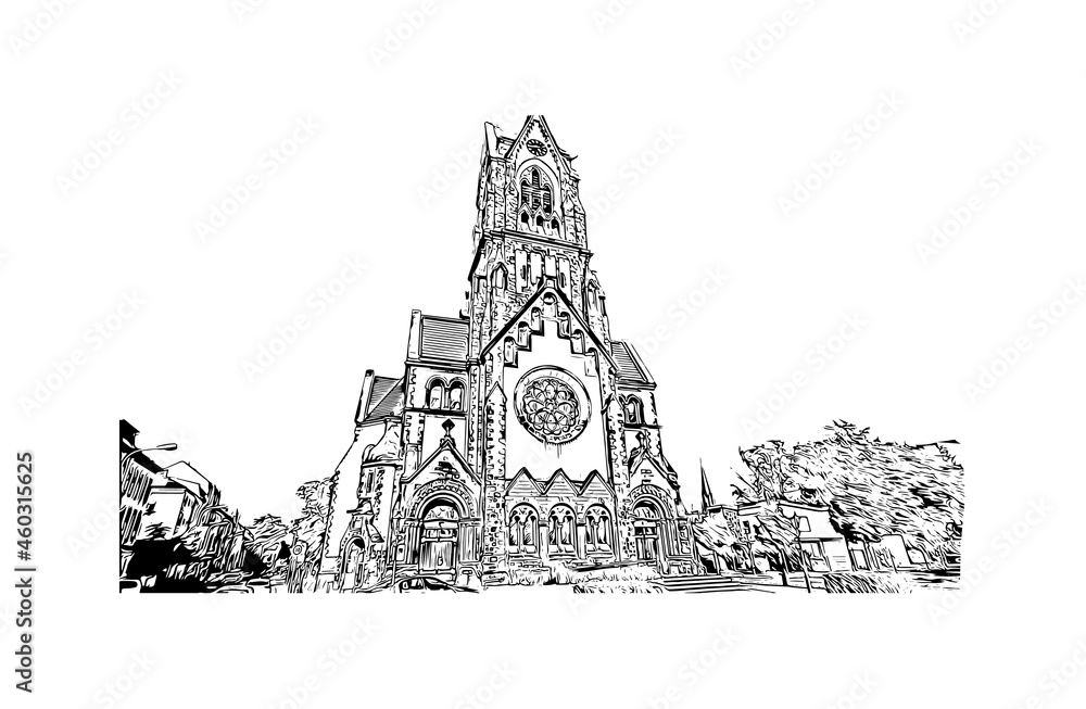 Building view with landmark of Krefeld is the 
city in Germany. Hand drawn sketch illustration in vector.