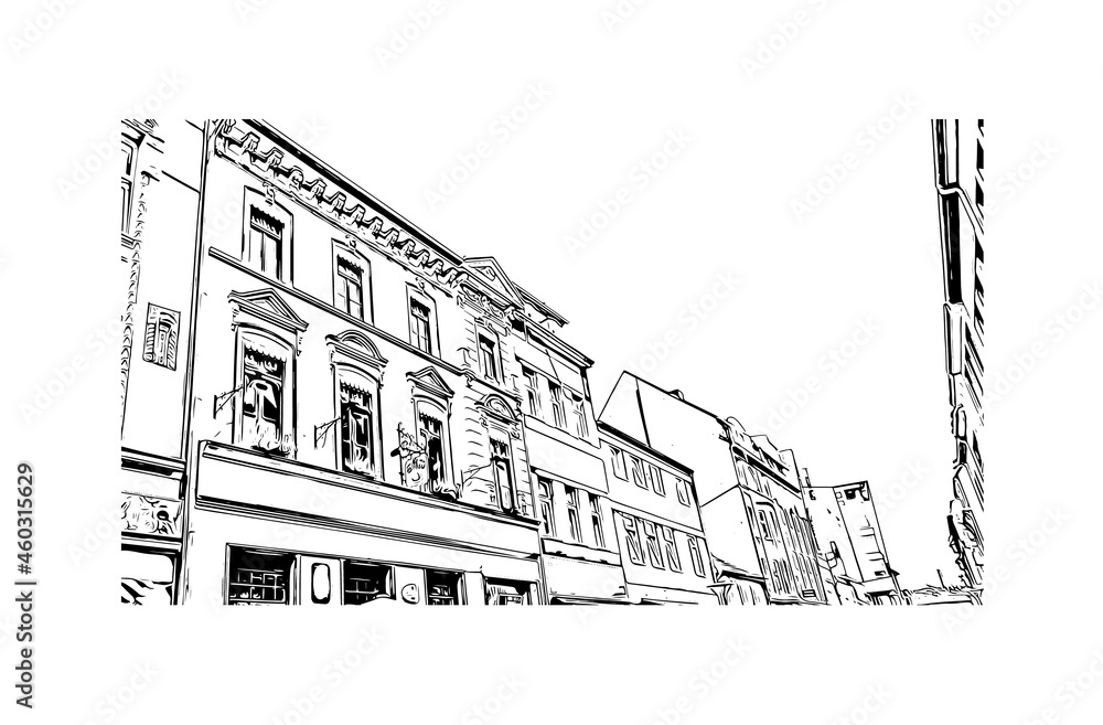 Building view with landmark of Krefeld is the 
city in Germany. Hand drawn sketch illustration in vector.