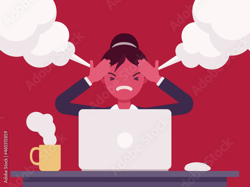 Businesswoman working with laptop steam coming out of ears, angry. Red faced office worker losing temper in annoyance, displeasure with computer work, overworked employee. Vector illustration on red