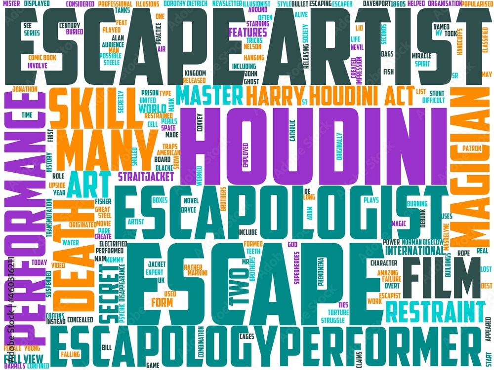 Obraz premium escapology typography, wordart, wordcloud, escapology,magic,magician,entertainment
