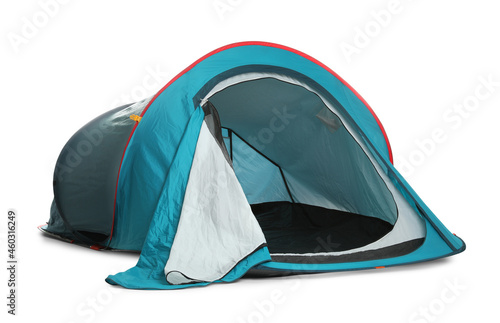 Light blue camping tent on white background © New Africa