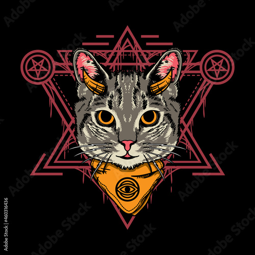 Illustration design of cute halloween cat with sacred geometry style in black background. Good for logo, background, tshirt, banner
