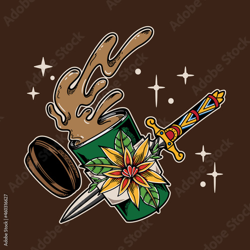 Illustration design vintage coffee cup with knife in flat traditional tattoo style. Good for logo, background, tshirt, banner