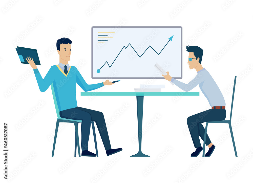 Office meeting. Teamwork at workplace. Business planning process. People talking and working at conference room. cartoon interior. Discussion of the company business strategy Office meeting. Teamwork at workplace. Business planning process. People talking and working at conference room. cartoon interior. Discussion of the company business strategy
