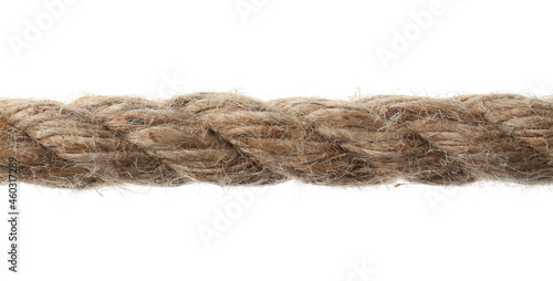 Hemp rope on white background, closeup. Organic material