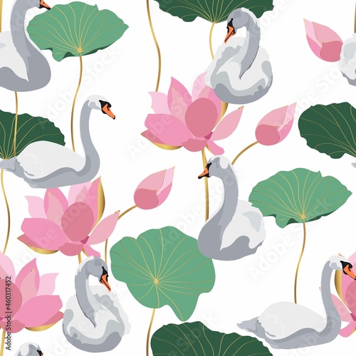 Beautiful seamless pattern with white swans and Japanese lotus water lily flowers and leaves illustration.