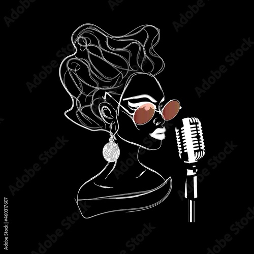 Woman Jazz singer in sunglasses, microphone. Retro style, 60s Hairstyle. Black and White Drawing