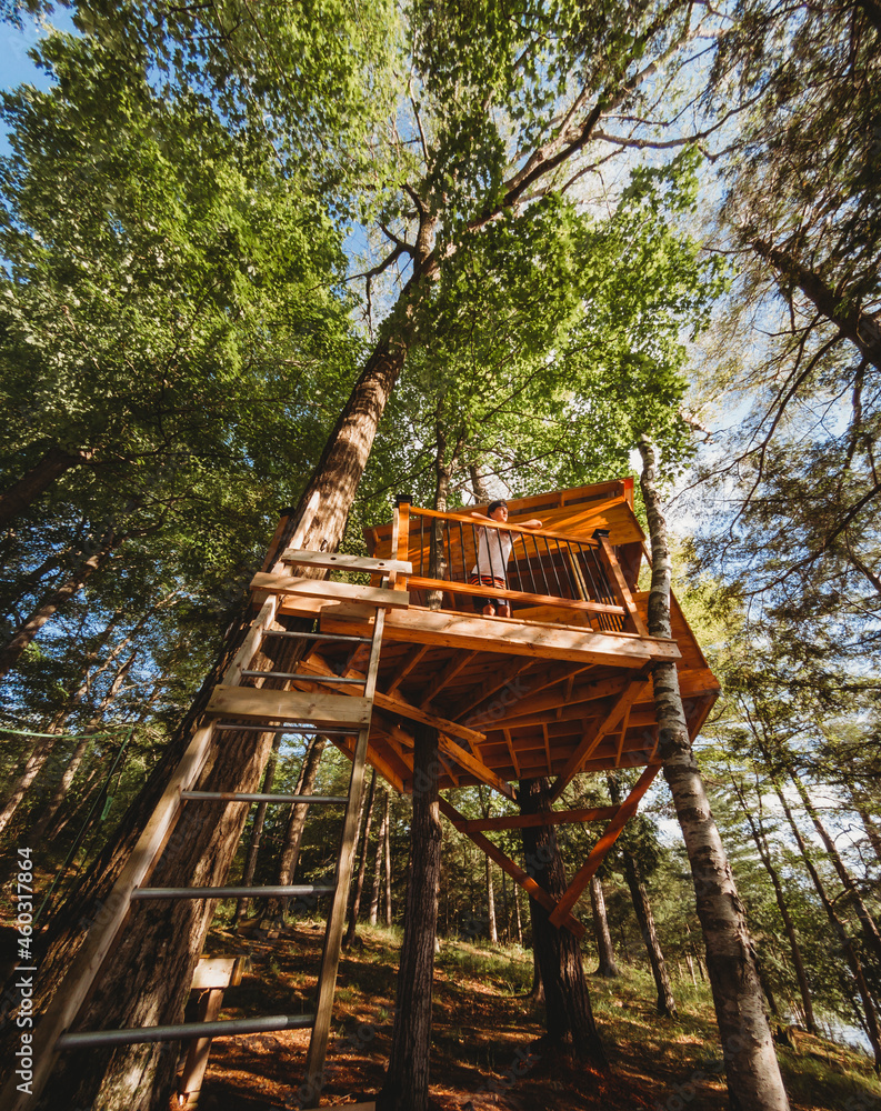 © Cavan Images - Teen boy looking over the rail of a treehouse beside a lake.