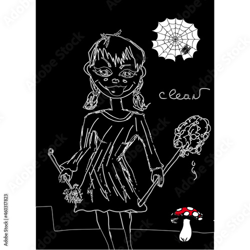 Funny girl with mop and toilet brush, caricature, cleaning lady, sketch, drawing