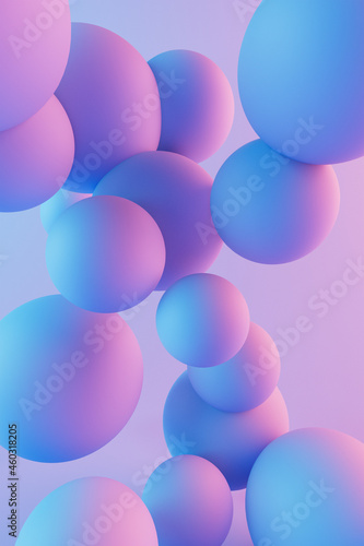 Abstract composition with white spheres, modern pastel color, pink and blue light, background design. 3D Rendering.