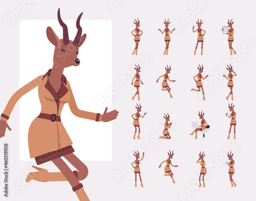 Roe deer woman, elegant lady, animal head human character set. Attractive deerlike businesswoman, antelope wearing office outfit. Full length, different views, gestures, emotions and position