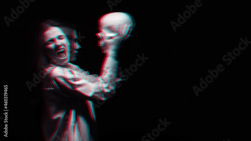 scary blurry portrait of a female witch with a skull in her hands. Black and white with 3D glitch virtual reality effect