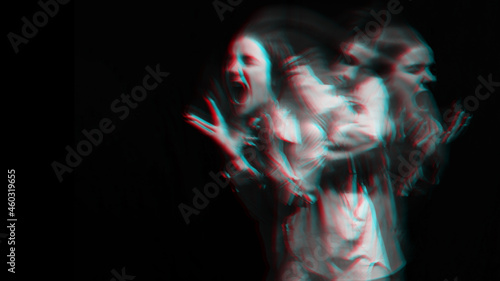 scary portrait of a ghost girl in a white shirt with a blur. Black and white with 3D glitch virtual reality effect