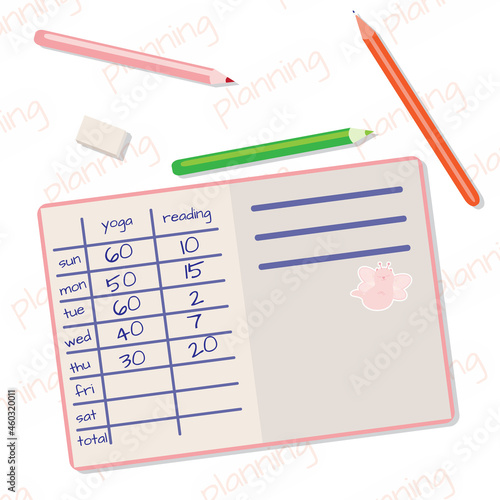 diary planner pen pencil work table goal task plan pink flat