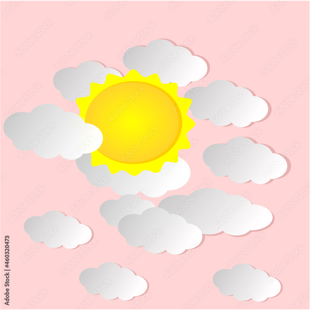 vector graphic illustration of the sun shining brightly among several clouds suitable for background