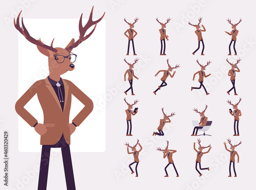 Deer man, elegant mister moose, animal head human character set. Dressed up gentleman, businessman having horns, antlers, wearing glasses. Full length, different views, gestures, emotions, position