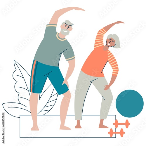 An elderly couple practices yoga. Grandparents lead an active and healthy lifestyle, play sports. The concept of pension activity. Flat design isolated on white background. Vector.
