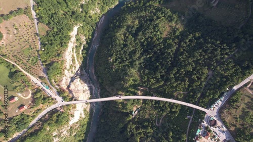 Aerial view of the canyon of the Tara river, mountains and Djurdzhevich bridge, Montenegro, Europe. Travel and nature concept photo