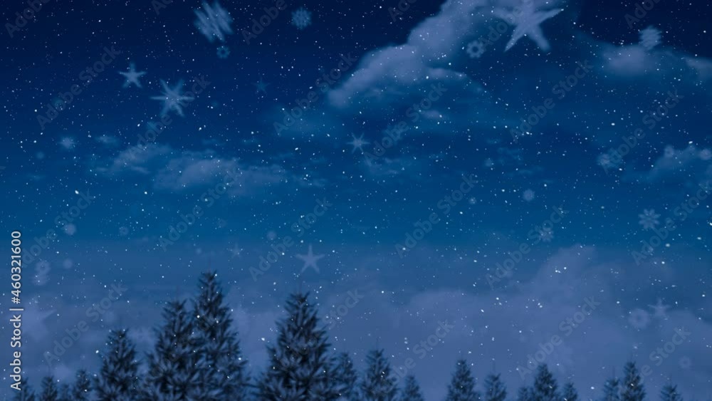 Snow falling over trees on winter landscape against night sky Snow falling over trees on winter landscape against night sky