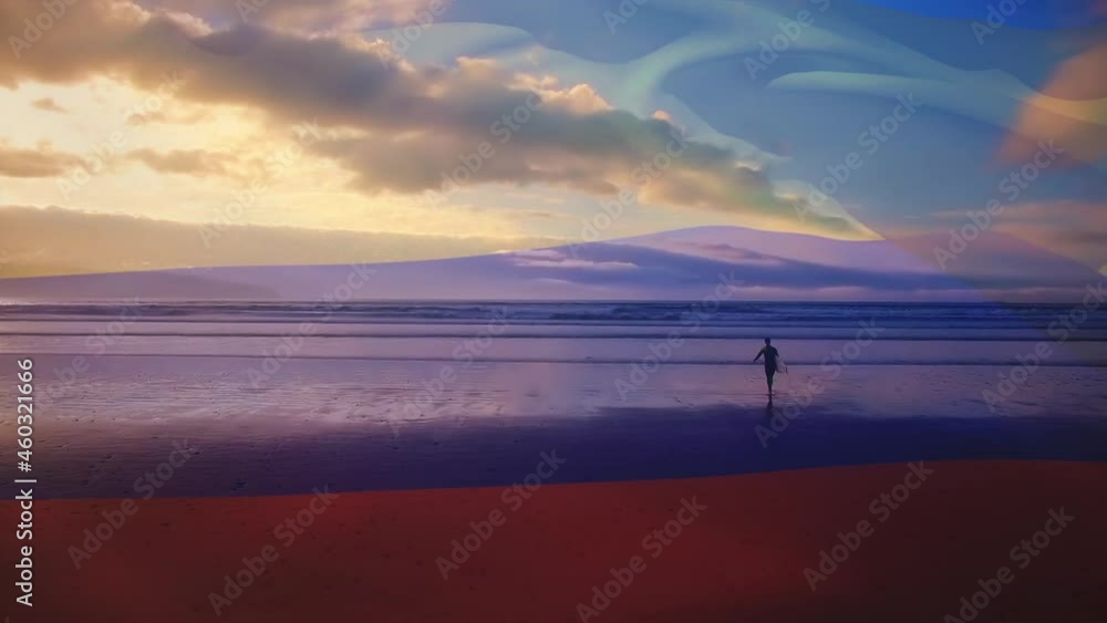 Digital composition of russia flag waving against man with surfboard walking on the beach Digital composition of russia flag waving against man with surfboard walking on the beach