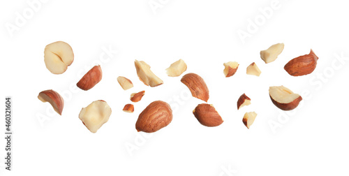 Pieces of tasty hazelnuts on white background