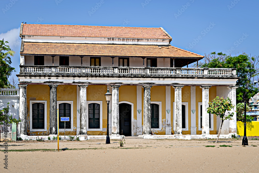 Ancient Governers bungalow near Danish fort in Tranquebar, Tamil Nadu, India.