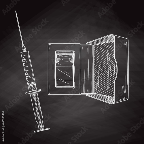 Icon medical syringe with needle and vial in flat style, concept of vaccination, injection. Isolated vector illustration in sketch style