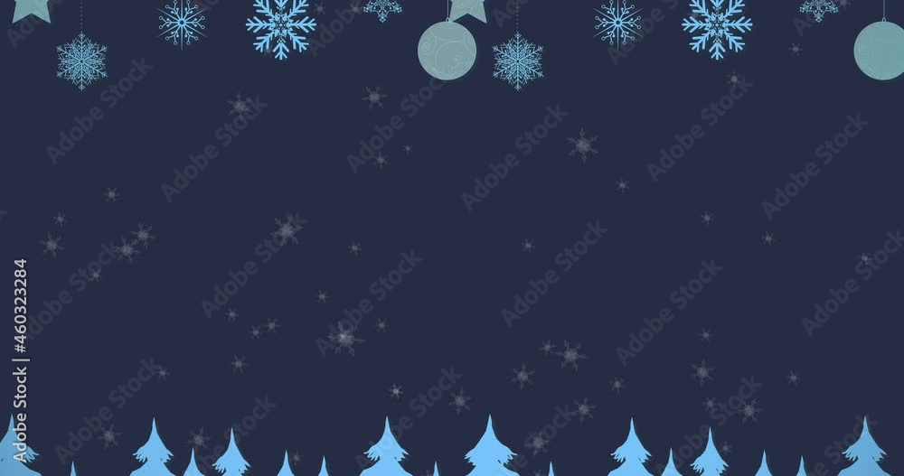 Animation of fir tree over snow falling on dark background Animation of fir tree over snow falling on dark background