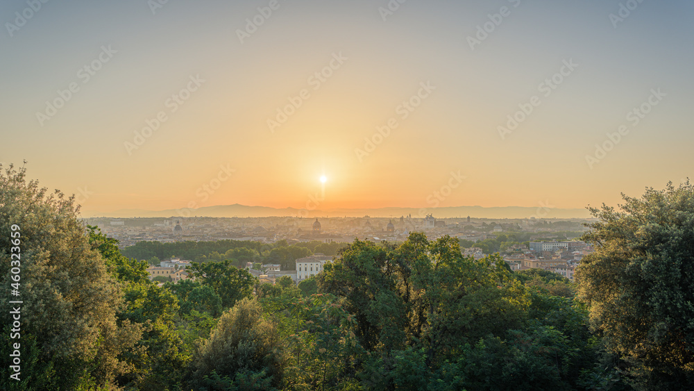 Panoramic view of Rome, Italy, at sunrise, from the Janiculum Hill with Trastevere, Spanish Steps, Pantheon, Colosseum, Saint John church, Roman Forum and historic monuments