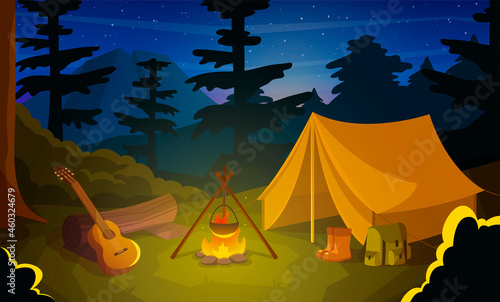 Summer camp with tent, fire and guitar at night time. Campfire with tent, log and guitar for summertime vacation, camping, traveling, trip, hiking activities. Flat cartoon vector illustration